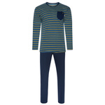 Sesto Senso Herren Baumwoll Pyjama Set – Bequeme Langarm-Oberteil mit Rundhals, Lange Karo-Hose mit Taschen, Atmungsaktiv, Ideal für jede Jahreszeit, Blau | Beige, Größe XXL