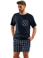 Sesto Senso Herren Pyjama Set – Kurze Ärmel, Kurze Hosen, 100% Baumwolle, Bequem und Atmungsaktiv, Modischer Madras-Karomuster, Dunkelblau, Europäische Qualität, Ideal für Sommernächte, Größe M-XXL