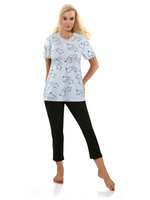 Sesto Senso Damen Baumwoll Pyjama Set – Kurzarmshirt mit Hunde-Motiv, 3/4 Hose, Weich und Bequem, Perfekt zum Schlafen oder als Hausanzug, Schwarz, 100% Baumwolle