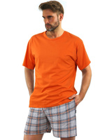 Sesto Senso Herren Pyjama Set – Kurze Ärmel und Shorts, 100% Baumwolle, Komfortabel und Atmungsaktiv, Elegante Madras-Karo-Optik, Praktische Taschen, Ideal für Sommernächte, Farbe: Orange, Modell: 2379/29