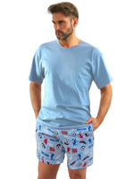 Sesto Senso Herren Pyjama Set – Kurze Ärmel, Shorts, 100% Baumwolle, Komfortabel & Atmungsaktiv, Elegantes Design mit Karomuster, Ideal für Sommernächte, Farbe: Blau, Made in EU