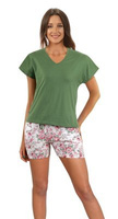 Sesto Senso Damen Baumwoll Pyjama Set – Bequeme Kurzarm Schlafanzug mit Taschen, Weiche Shorts mit Rosenmuster, V-Ausschnitt T-Shirt, Kurz, Grün, Größen M-XXL